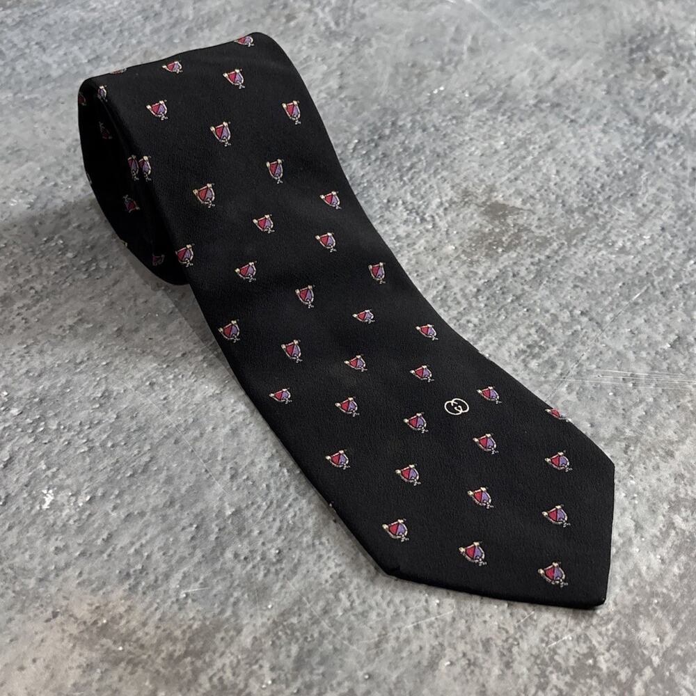 Vintage Black Gucci Crest Shield Tie! Silk Italy 80s